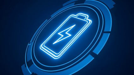 Neon battery icon with lightning bolt on dark blue background
