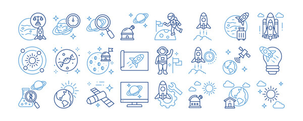 Space Exploration icon collection. Containing design Space Time, Space Laws, Space Anomaly, Space Observatory, Space Walk