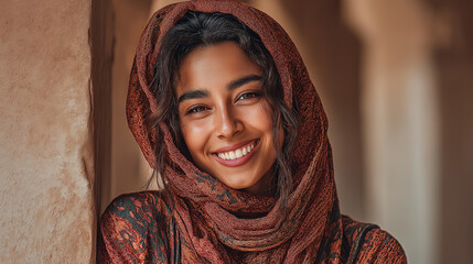 Smiling Woman in Headscarf Embracing Natural Beauty and Ethnic Diversity - Portrait of Joy, Fashion, and Cultural Identity