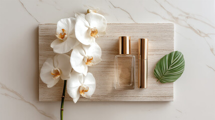 Elegant orchid arrangement with perfume bottle and gold accents on marble. This beautiful composition features a white orchid, perfume, and a leaf, perfect for beauty and wellness concepts