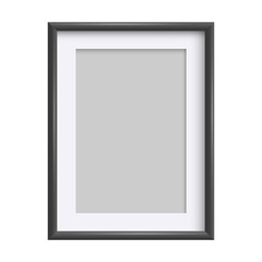 Obraz premium Vertical black picture frame mockup with white mount, displaying empty blank rectangular border for art presentation, minimalist modern design template isolated on transparent background.