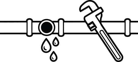 Obraz premium Leaking pipe with adjustable wrench, plumbing repair, leaking pipe, adjustable wrench, plumbing, repair, water droplets, line drawing, black and white, illustration, maintenance, fix, leak, dripping