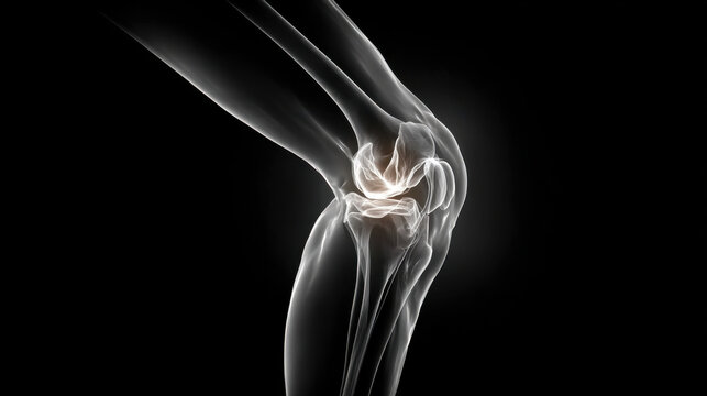 Medical illustration of a human knee joint, highlighting bone structure. This detailed medical illustration shows the anatomy of a knee, ideal for educational or diagnostic purposes