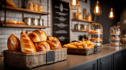 Freshly baked artisan bread display in a cozy bakery setting. A basket of various breads sits on a counter, inviting customers to enjoy the delicious baked goods