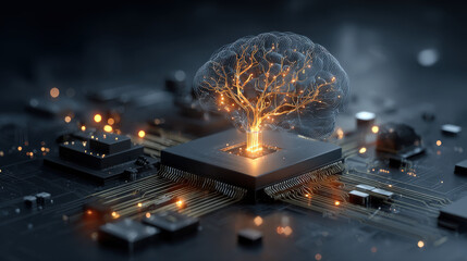 Artificial intelligence brain concept on a computer chip. This image depicts an AI brain concept, symbolizing the fusion of mind and machine in the digital age