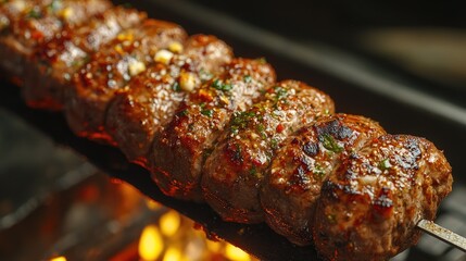 Delicious grilled meat skewers over hot flames, showcasing juicy, flavorful kabobs with herbs and spices, perfect for summer BBQ gatherings or gourmet dining