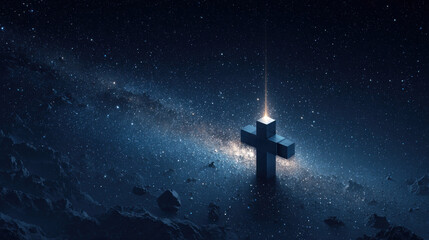 Cosmic cross illuminated against a starry night sky, representing faith and hope. This image depicts a cross in a celestial setting, symbolizing spirituality and the divine presence