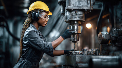 Female machinist operating a drill press in a manufacturing facility. A skilled woman works with machinery, demonstrating precision and expertise in her profession