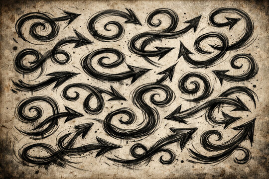 Arrow Symphony: A collection of intricately designed, stylized arrows, each with its unique curvature and direction, dance across a textured, vintage backdrop.