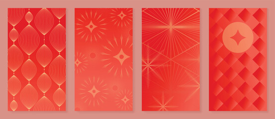Fototapeta na wymiar Happy Chinese New Year 2026 lantern vector poster set with red gradient background, floral line art, and hanging lanterns. Elegant traditional design for greeting cards, invitations and banners. 