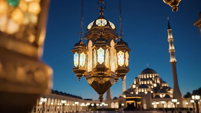 Ramadan Islamic lanterns background with warm golden glow and geometric patterns