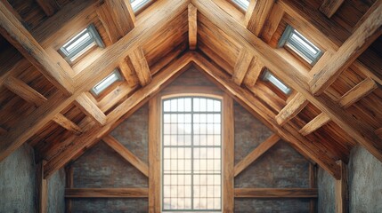 Beautiful interior of a rustic attic with wooden beams, large windows, and natural light casting warm tones in a cozy home setting