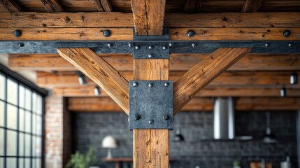 Rustic wooden beam structure with metal brackets in a cozy interior setting, showcasing classic craftsmanship and architectural details for design inspiration