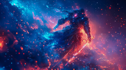 Fototapeta premium Awe-Inspiring Galactic Sentinel, Adorned in Mystical Armor and Wielding Luminous Sword, Emerges from Cosmic Storm of Vibrant Blue and Red Nebulae