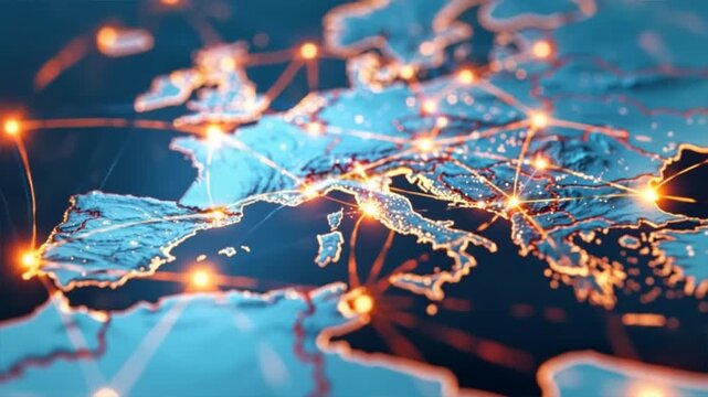 A detailed digital map showcasing network connections across regions with glowing lines and nodes.