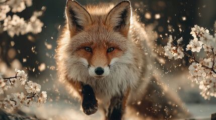 Fototapeta premium Vibrant fox exploring a flower-filled forest in spring, surrounded by blooming cherry blossoms and soft sunlight