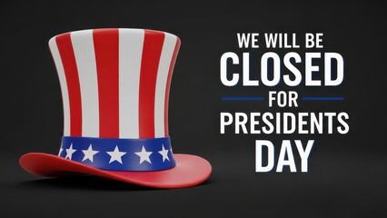 Presidents day closed sign with a patriotic hat on black background