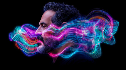 Man's profile exhales vibrant, swirling neon light trails in shades of blue, pink, and purple, representing visualization of thought, sound, or breath against dark background.