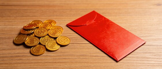 Chinese New Year Red Envelope and Gold Coins on Wooden Table