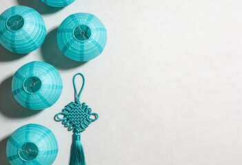 Modern Teal Chinese New Year Paper Lanterns on White Background