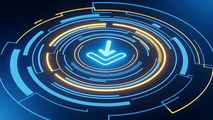 Futuristic download icon with blue and yellow neon lights