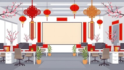 Modern Open Plan Office Illustration for Chinese New Year Celebration with Presentation Screen, Potted Plants, Red Lanterns, and Traditional Ornaments
