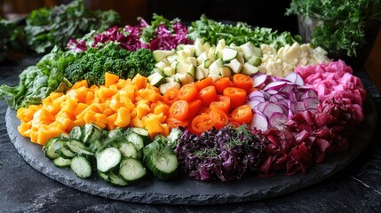 Vibrant and Colorful Array of Fresh Vegetables Presented on Slate Platter for Healthy Eating, Vegan Cuisine and Culinary Inspiration