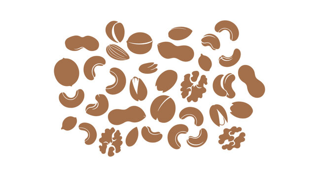 A seamless design displaying flat silhouette icons of nuts. The vector background consists of an assortment of dry nuts and seeds such as almond, cashew, peanut, walnut, and pistachio.