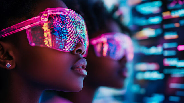 Young woman with dark skin gazes into futuristic digital world reflected in her vibrant neon pink augmented reality glasses, showcasing cyberpunk aesthetic with glowing data streams and vibrant lights
