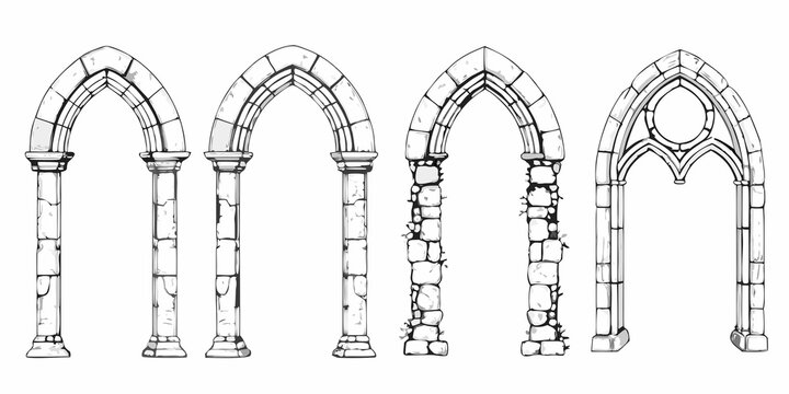 Detailed sketch of gothic arches and columns architectural elements in black and white