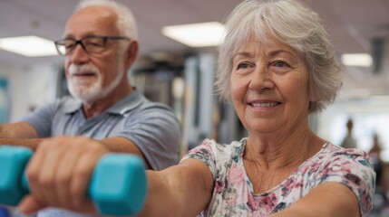 Senior couple engaging in gentle arm resistance training with physiotherapist guidance clean rehab space with equipment and mirrors faintly out of focus.