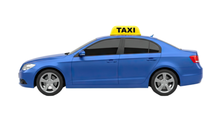 Blue Taxi Sedan with Yellow Sign