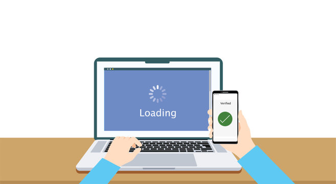 Two factor authentication code verify. 2FA with laptop and smartphone. User login with password and verification code.  2FA, MFA Multi-factor authentication concept. SMS code
