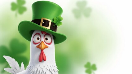 White chicken wearing a green leprechaun hat with a shamrock. St. Patrick Day festive character for celebration card.