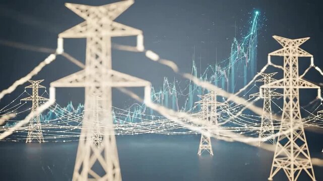 Electricity pylons with glowing connections and a rising graph in the background.