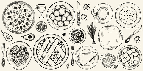 A charming sketch of various foods including fruit pizza and pastries