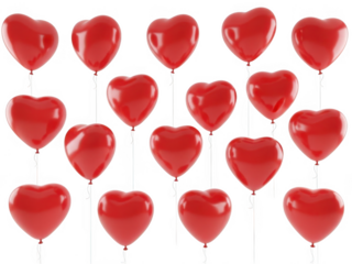 Collection of red heart-shaped balloons isolated on transparent background