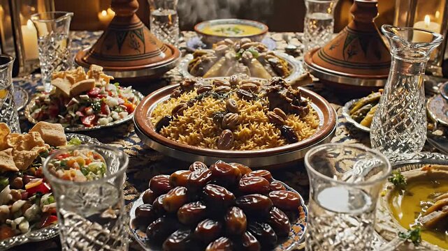 Ramadan Iftar table top view background with dates, water glass, and traditional Middle Eastern food
