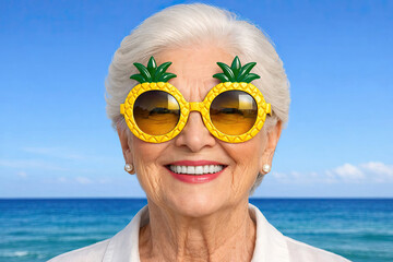 An old lady with grey hair wears sunglasses in the shape of a pineapple against the sea as a background.