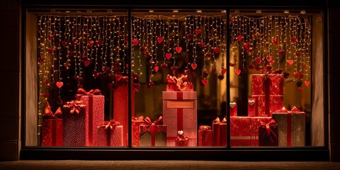 A store window decorated for Valentines Day displays boxes and glowing lights. Evening tones create a festive romantic street scene.