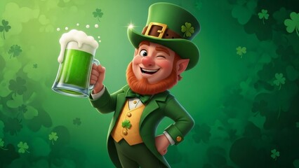 Happy cartoon leprechaun man winking and holding a mug of green beer. St Patrick day celebration. Symbol of luck, Irish myth.