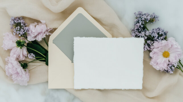 Elegant wedding card mockup surrounded by delicate flowers on a soft fabric backdrop, perfect for showcasing your wedding invitations with style