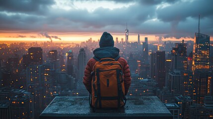 Person with a backpack overlooking a vibrant city skyline at sunset, capturing the essence of urban adventure and exploration in a bustling metropolis
