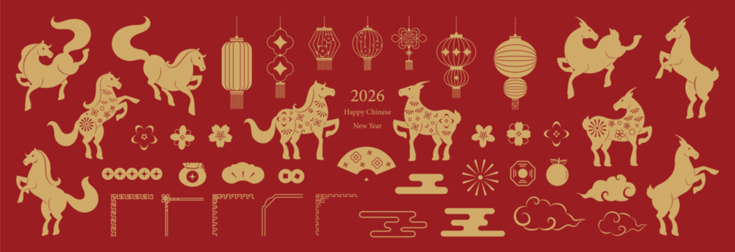 Happy Chinese New Year 2026-2027 vector icon set with zodiac horses and goats lanterns fireworks clouds flowers and traditional gate. Festive red and gold illustration for greeting cards and banner.