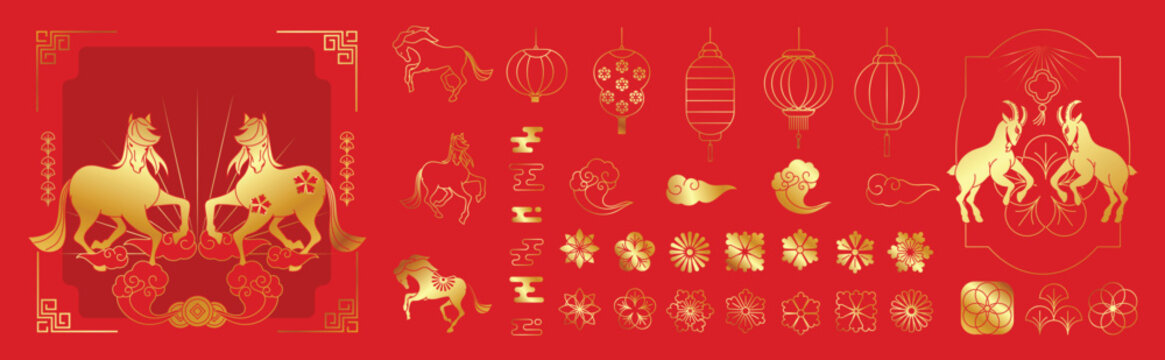 Happy Chinese New Year 2026-2027 vector icon set with zodiac horses and goats lanterns fireworks clouds flowers and traditional gate. Festive red and gold illustration for greeting cards and banner.
