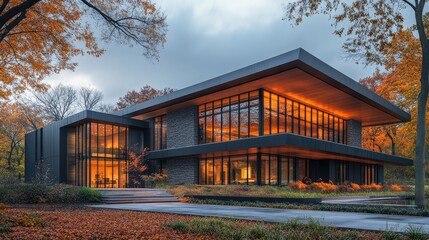 Modern architectural design of a contemporary house surrounded by autumn foliage featuring large windows and warm interior lighting