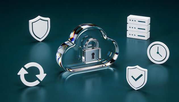 Cloud security concept with transparent cloud padlock surrounded by server backup sync clock and shield icons on dark teal background for secure data storage