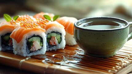 Delicious sushi rolls with fresh salmon, avocado, and a side of green tea in a rustic setting on a bamboo mat
