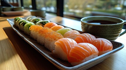 Colorful and Delicious Sushi Platter with Various Types of Fish, Rice, and Seaweed Accompanied by a Warm Cup of Tea in a Cozy Restaurant Setting