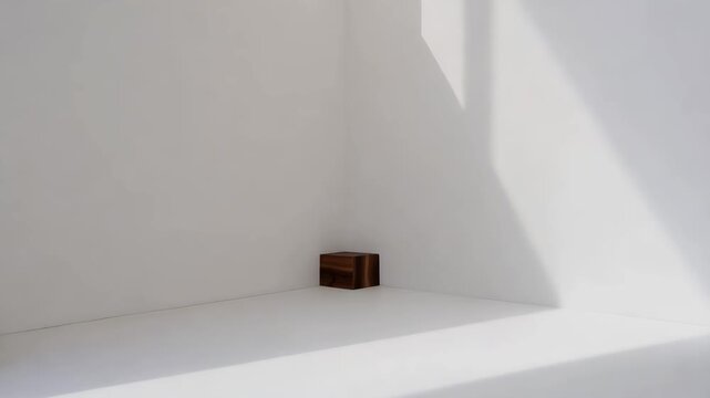 Minimal interior corner with white walls and small wooden block